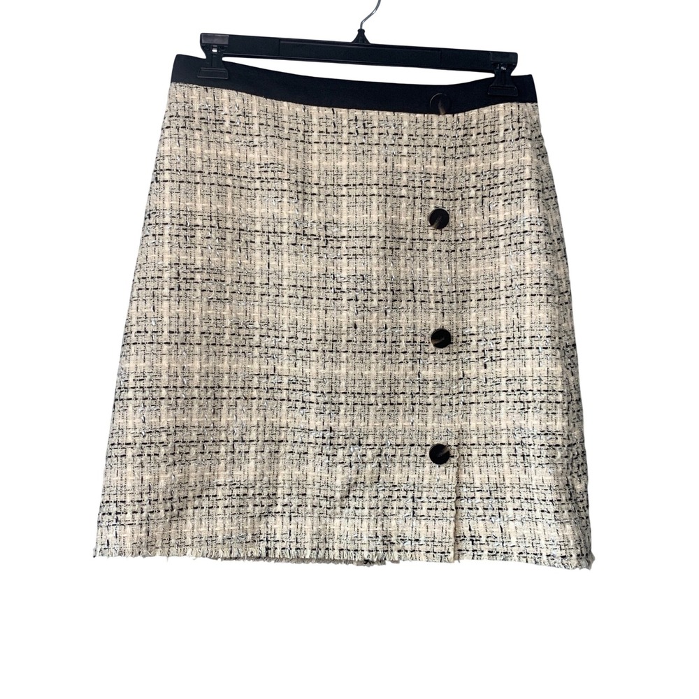 Ann Taylor‎ Tweed Button Front A-Line Skirt Women's Size 8 Beige Black Fringe